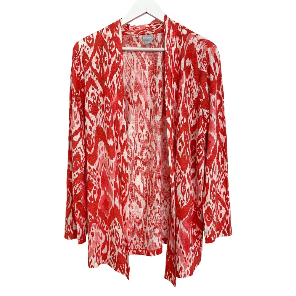 Chicos Ikat Flare Linen Cardigan Flame‎ Scarlet Size 2 (L) Coral Open Front NWT